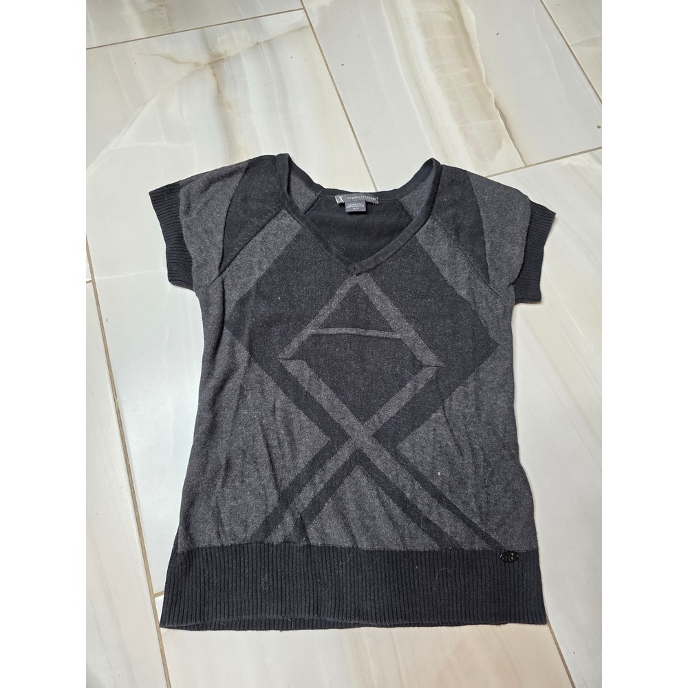 Armani Exchange Womens XS Short Sleeve V-Neck Geometric Diamond Knit Sweater Top